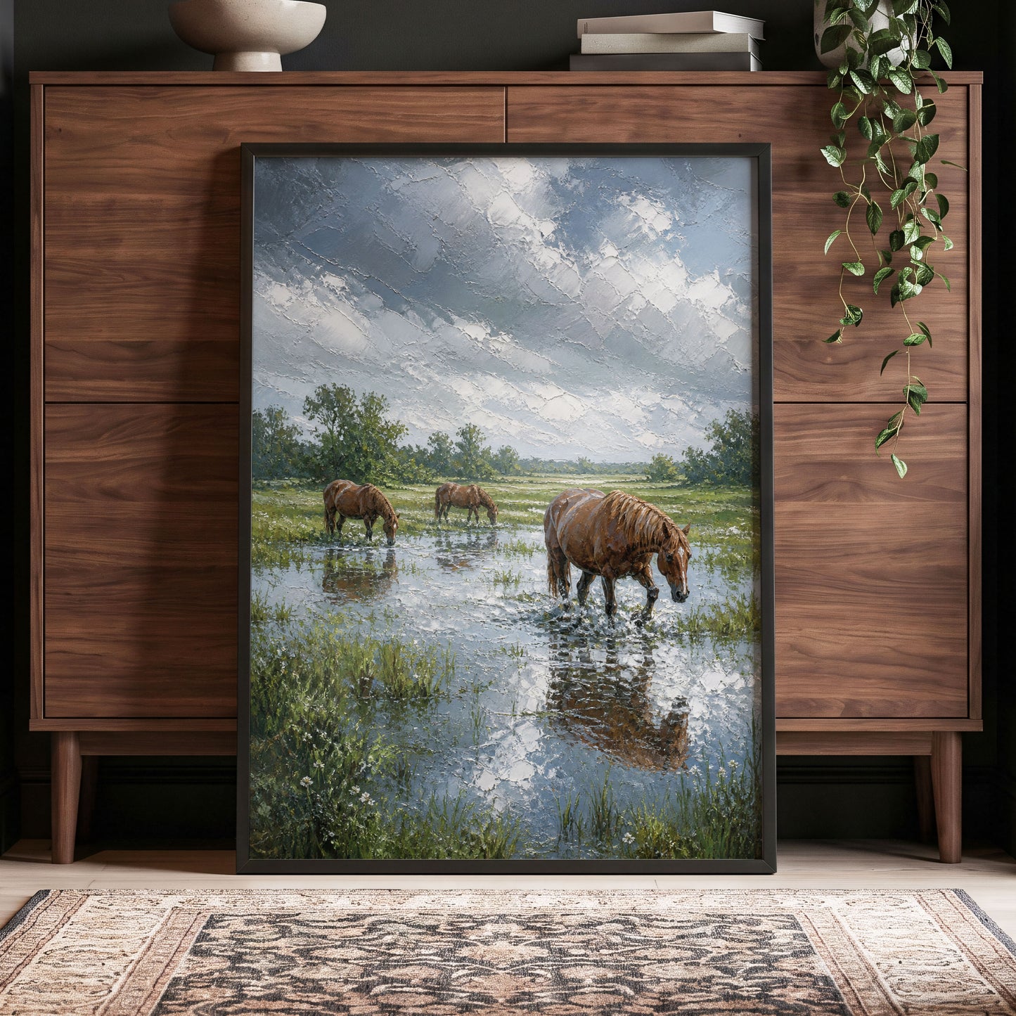 After the Rain, blue, green, brown nature wall art displayed in a styled interior, gallery view 4