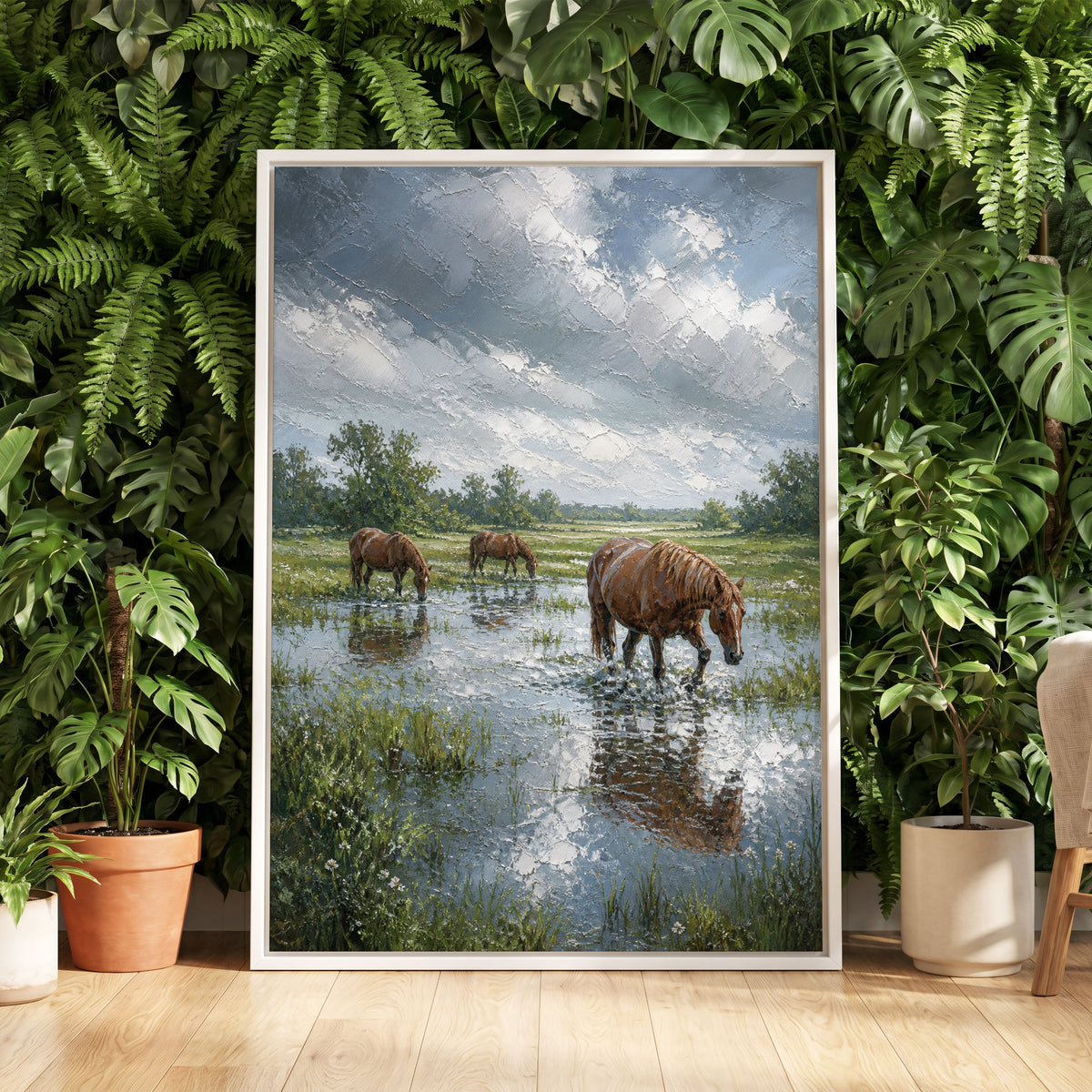 After the Rain, blue, green, brown nature wall art displayed in a styled interior, gallery view 5
