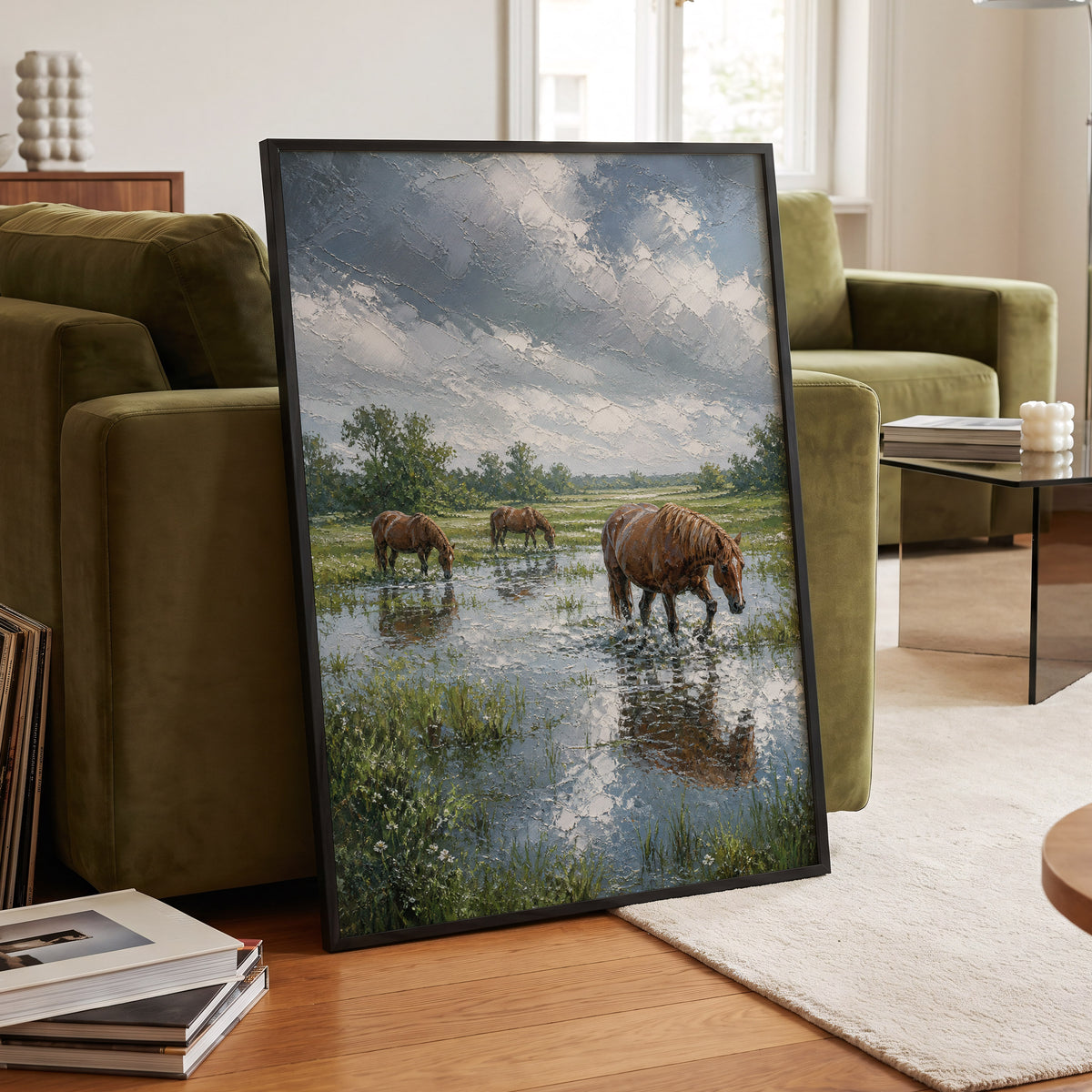 After the Rain, blue, green, brown nature wall art displayed in a styled interior, gallery view 6