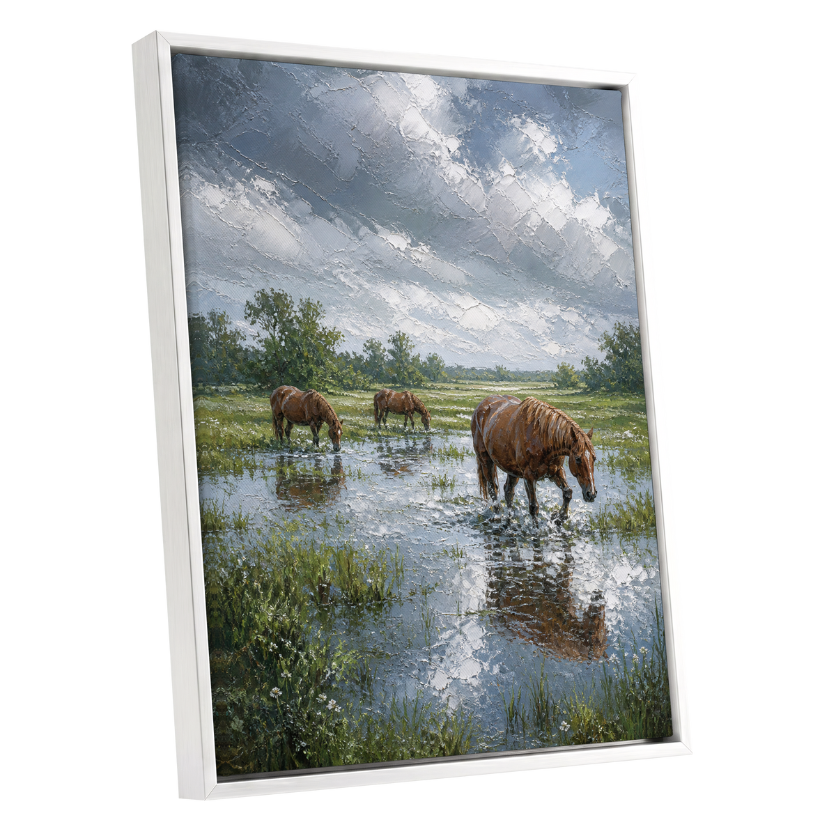 After the Rain, blue, green, brown nature wall art shown as a white framed canvas wall art