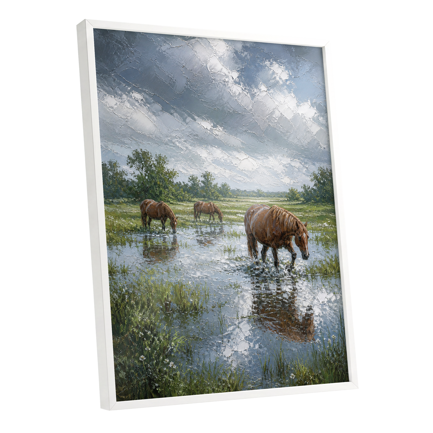 After the Rain, blue, green, brown nature wall art shown as a white framed poster wall art print