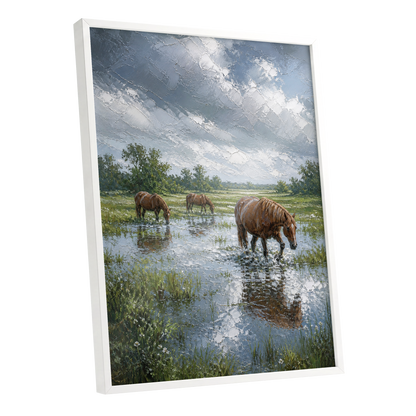 After the Rain, blue, green, brown nature wall art shown as a white framed poster wall art print