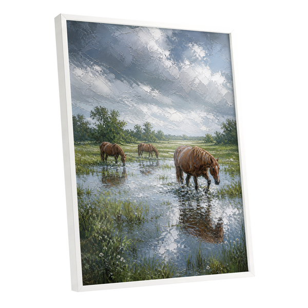 After the Rain, blue, green, brown nature wall art shown as a white framed poster wall art print