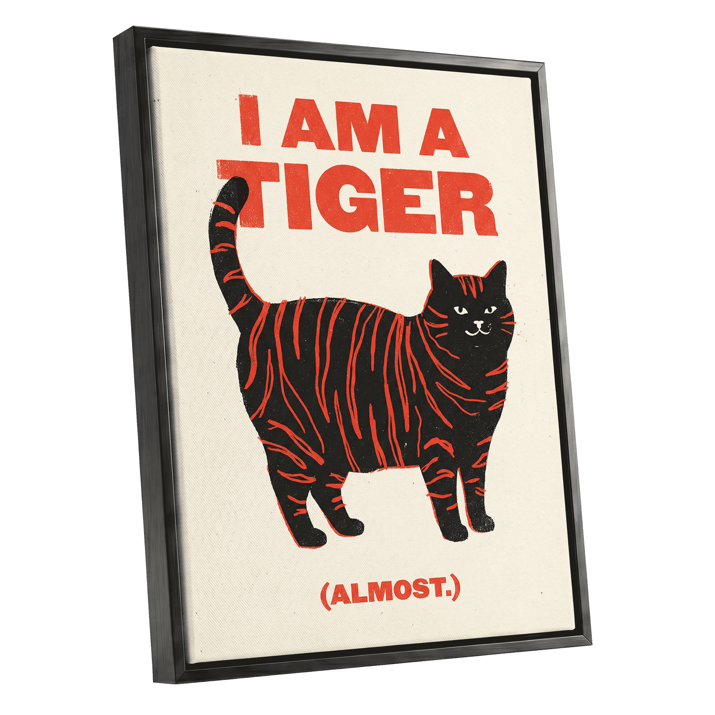 Almost a Tiger, black, red, beige nature wall art shown as a black framed canvas wall art