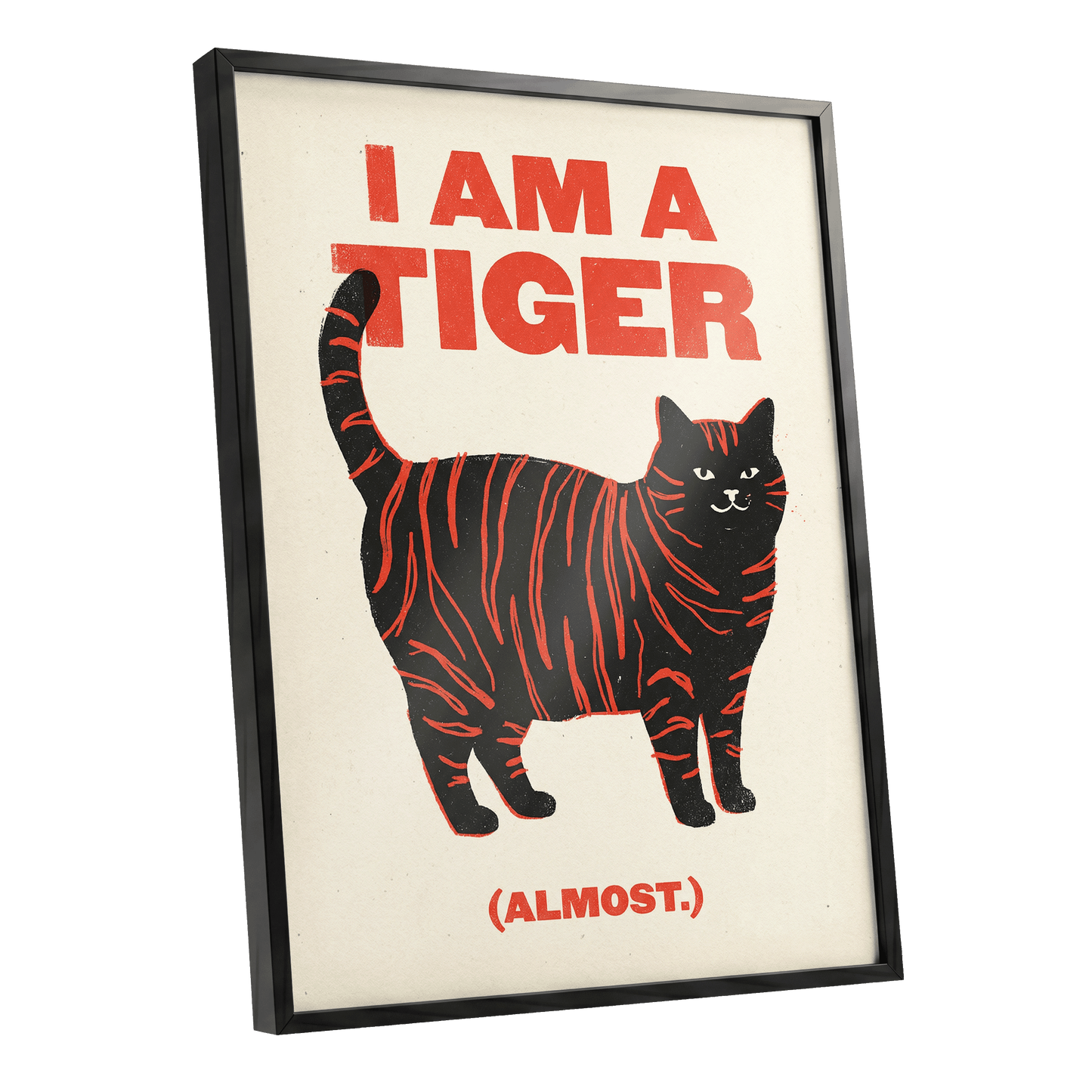 Almost a Tiger, black, red, beige nature wall art shown as a black framed poster wall art print