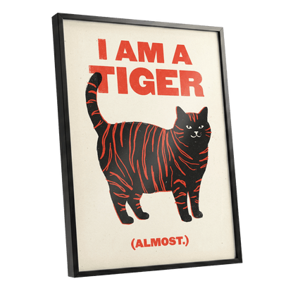Almost a Tiger, black, red, beige nature wall art shown as a black framed poster wall art print