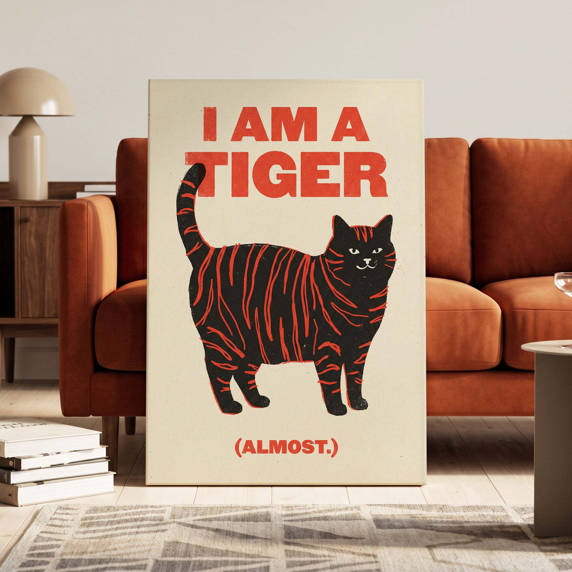 Almost a Tiger, black, red, beige nature wall art on canvas displayed in a styled interior, gallery view 1