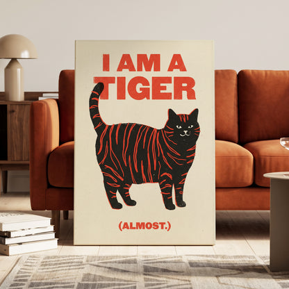Almost a Tiger, black, red, beige nature wall art on canvas displayed in a styled interior, gallery view 1