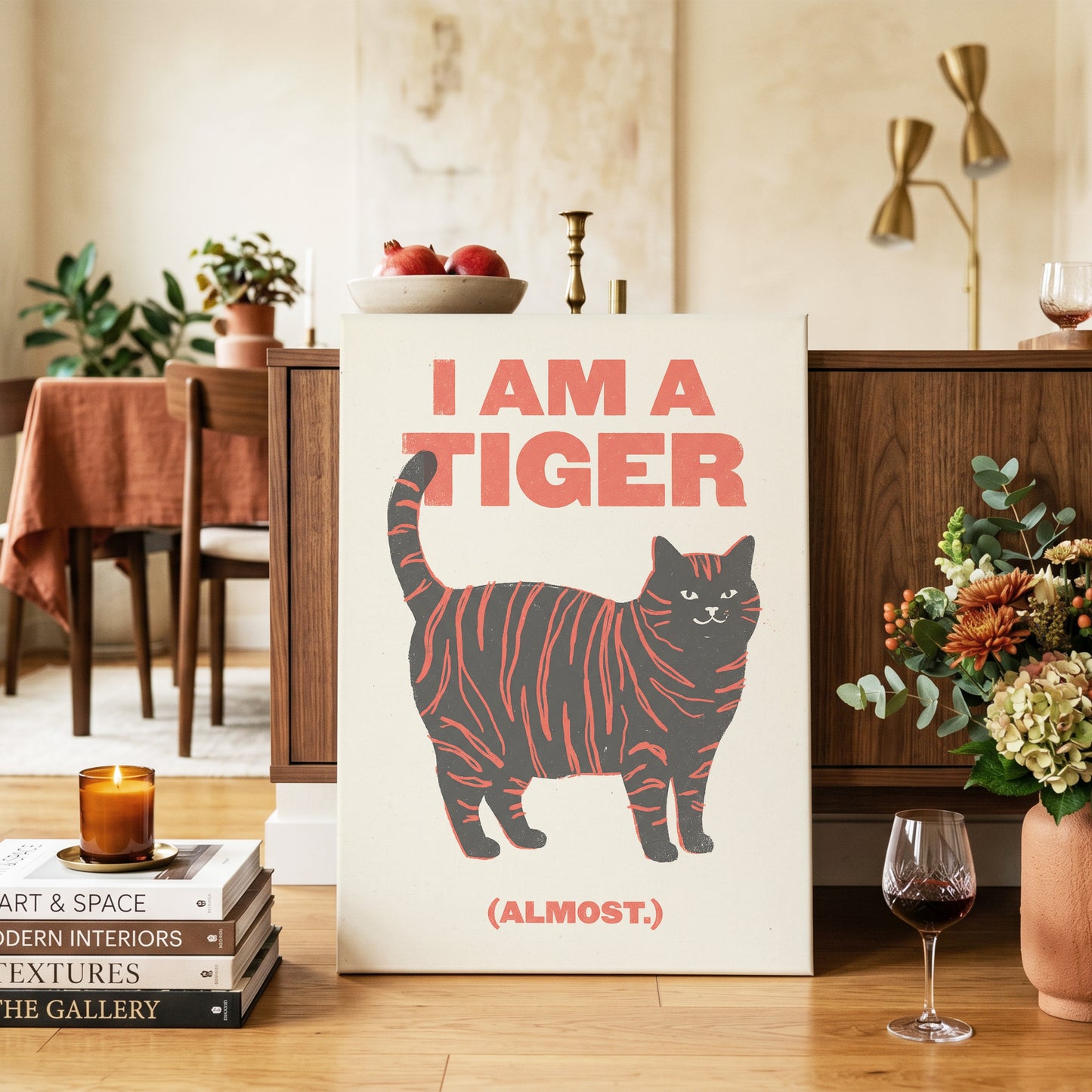Almost a Tiger, black, red, beige nature wall art on canvas displayed in a styled interior, gallery view 2