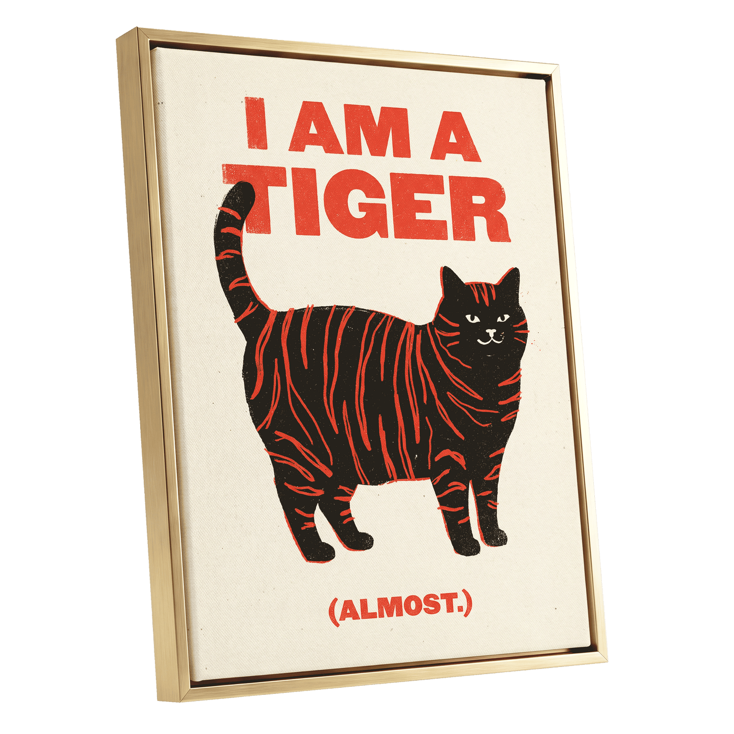 Almost a Tiger, black, red, beige nature wall art shown as a gold framed canvas wall art