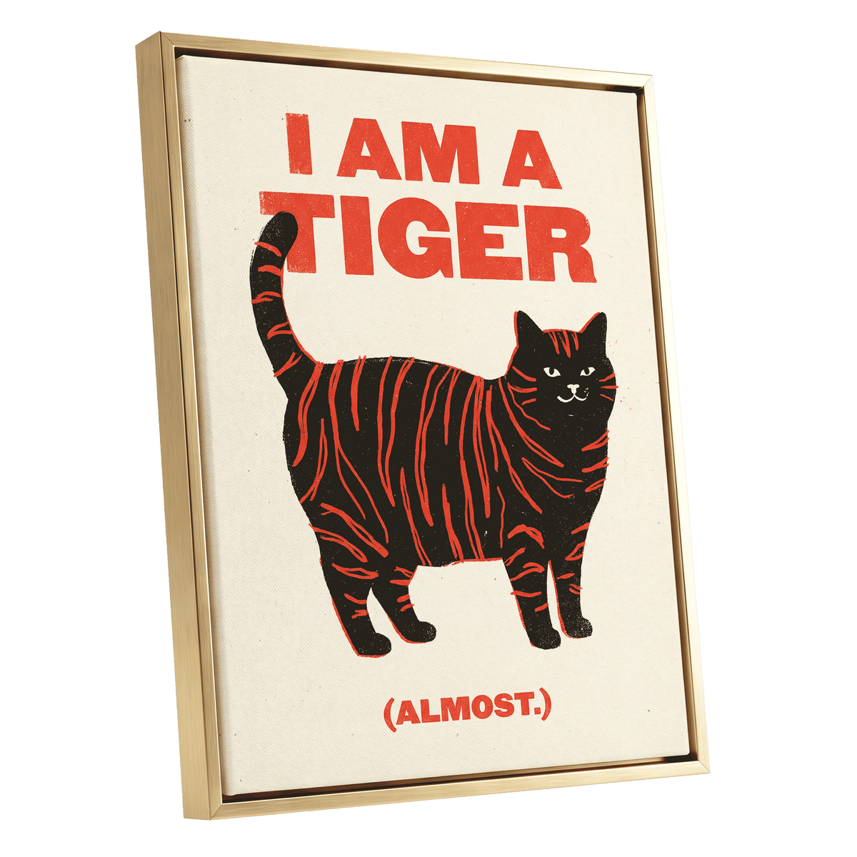 Almost a Tiger, black, red, beige nature wall art shown as a gold framed canvas wall art