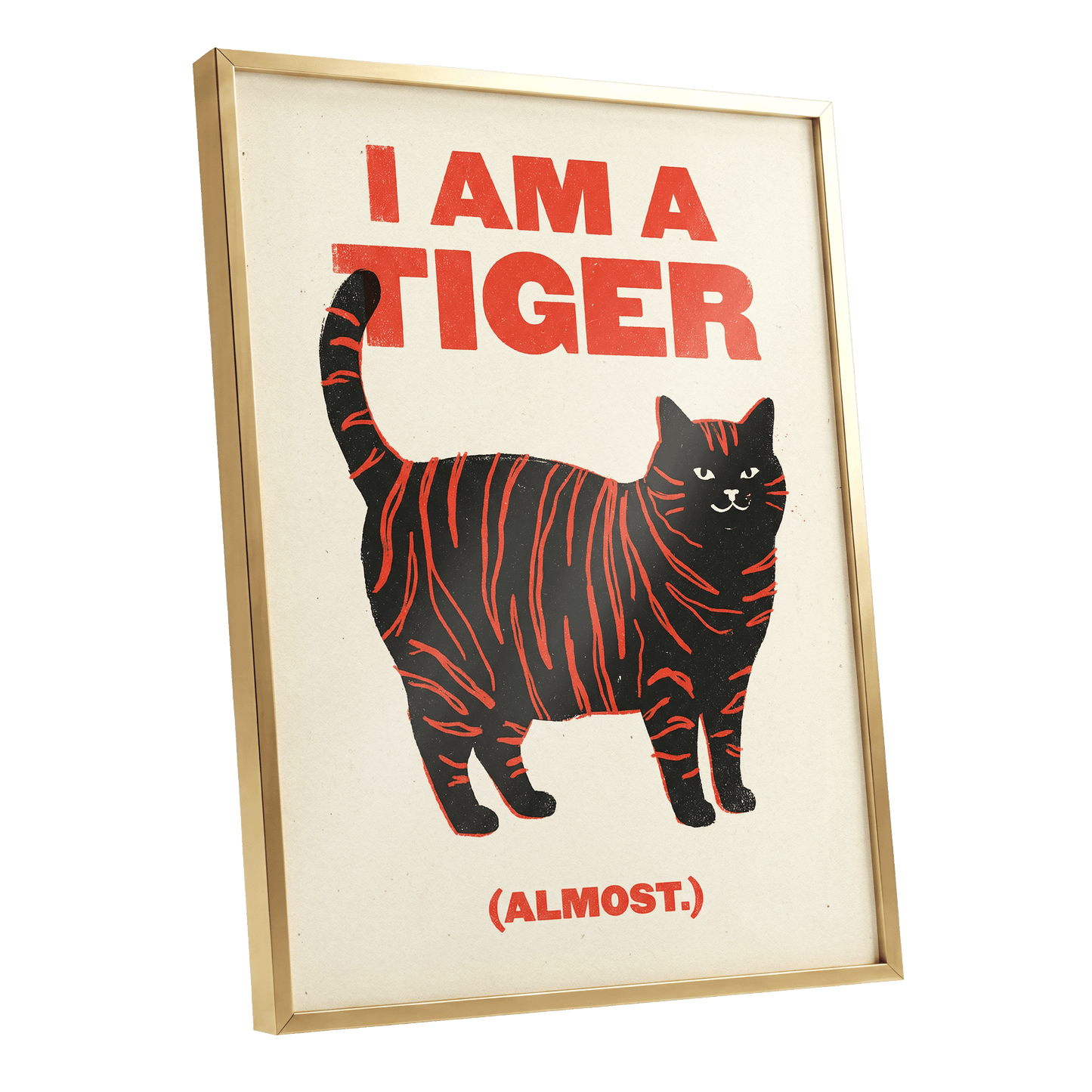 Almost a Tiger, black, red, beige nature wall art shown as a gold framed poster wall art print