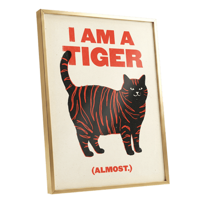 Almost a Tiger, black, red, beige nature wall art shown as a gold framed poster wall art print