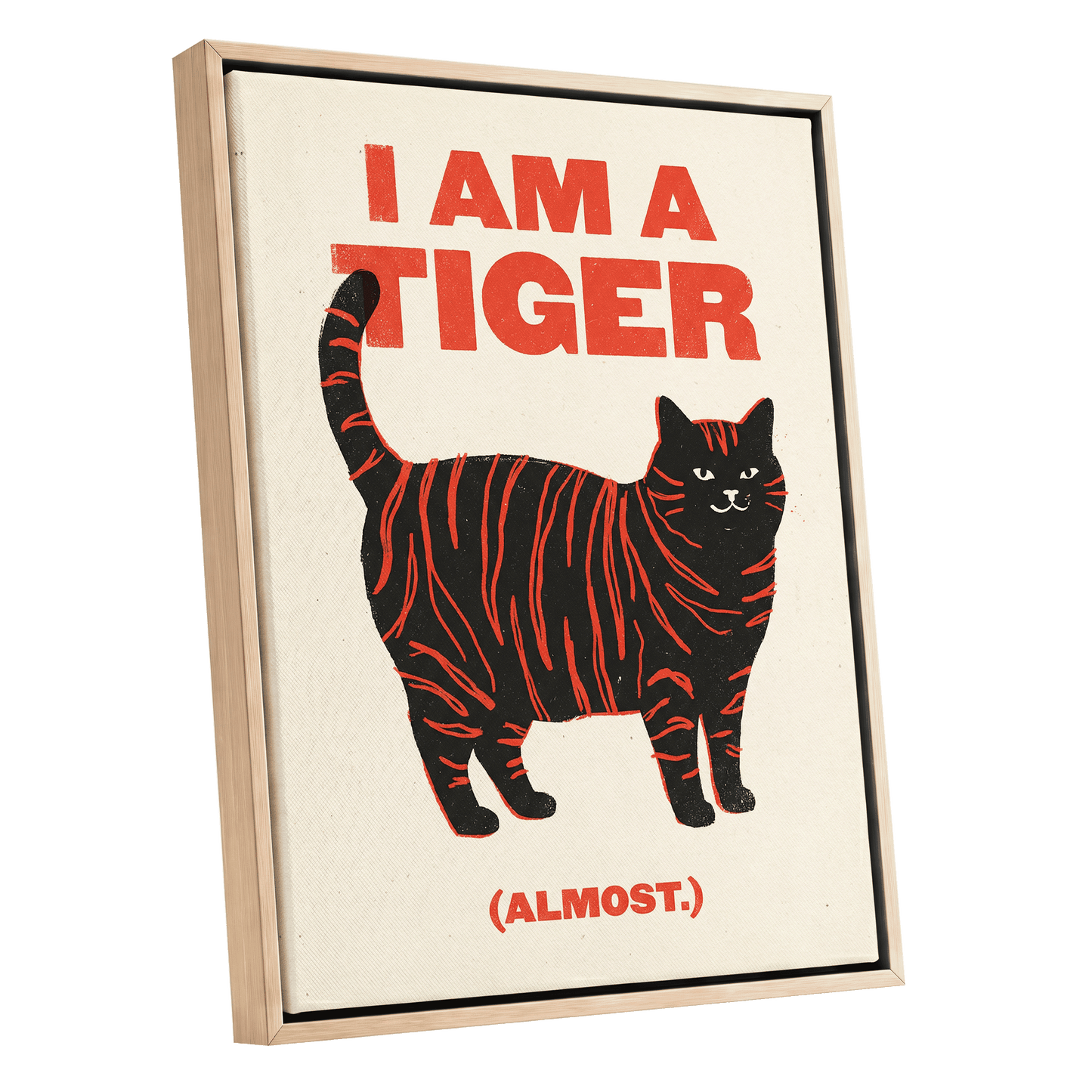 Almost a Tiger, black, red, beige nature wall art shown as a oak framed canvas wall art