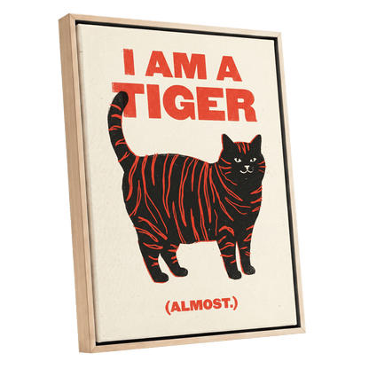 Almost a Tiger, black, red, beige nature wall art shown as a oak framed canvas wall art