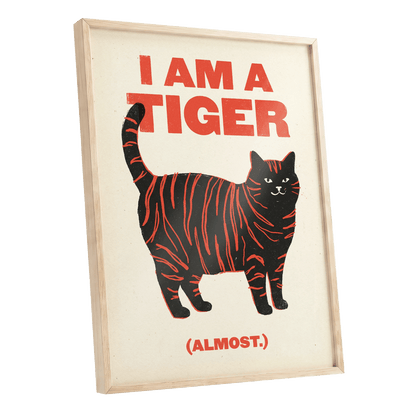 Almost a Tiger, black, red, beige nature wall art shown as a oak framed poster wall art print