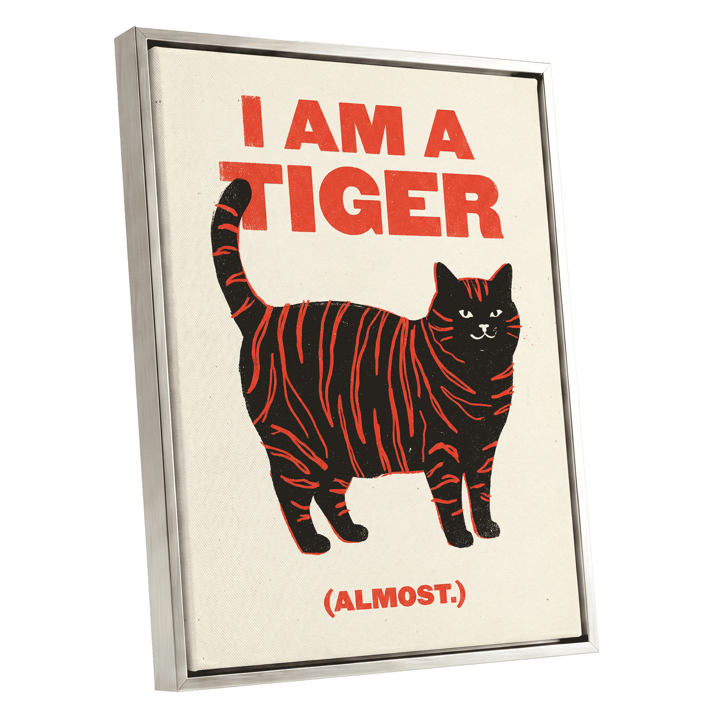Almost a Tiger, black, red, beige nature wall art shown as a silver framed canvas wall art