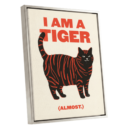 Almost a Tiger, black, red, beige nature wall art shown as a silver framed canvas wall art