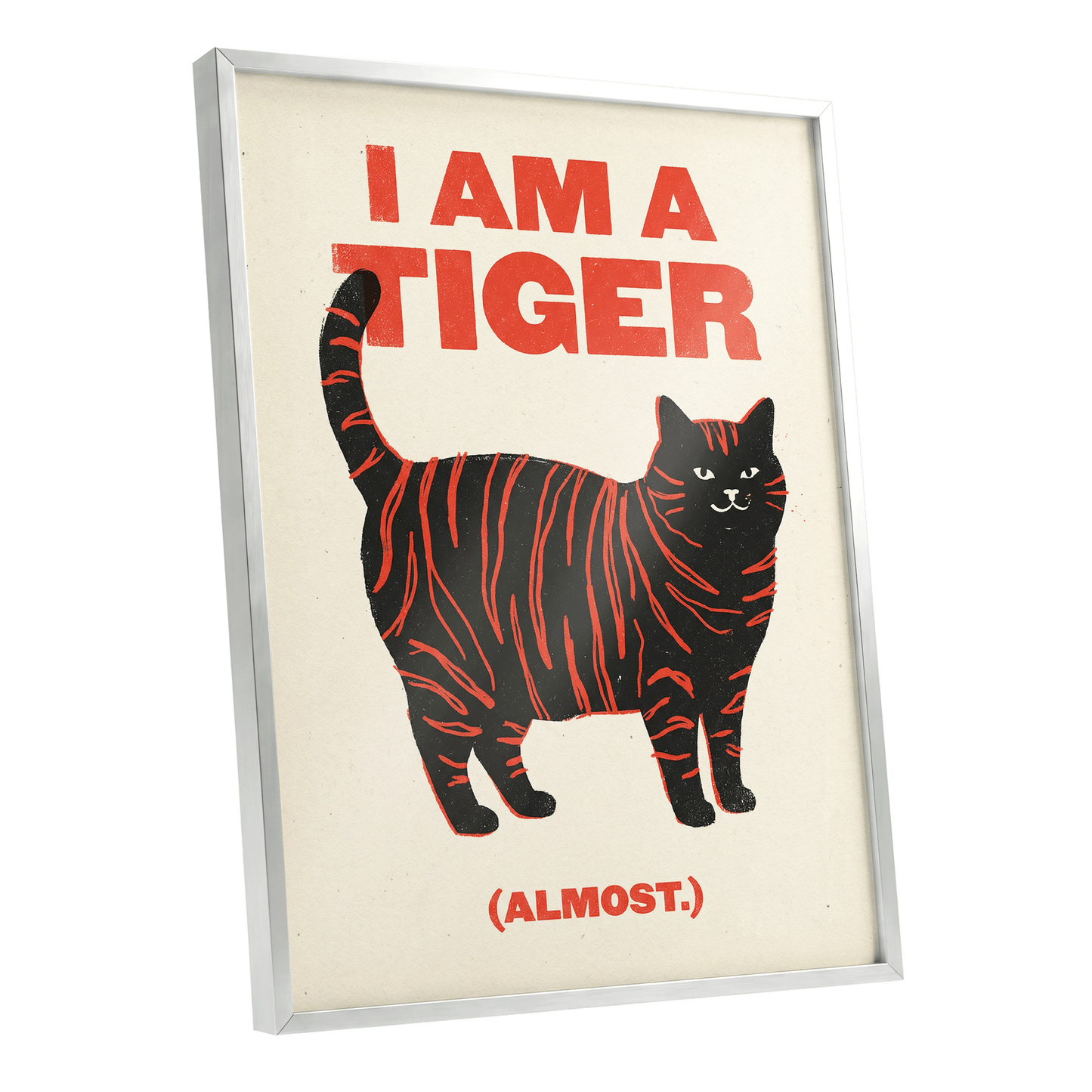 Almost a Tiger, black, red, beige nature wall art shown as a silver framed poster wall art print
