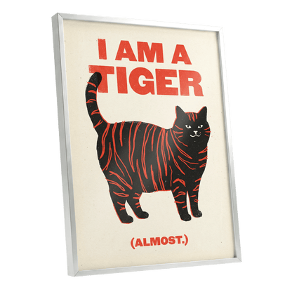 Almost a Tiger, black, red, beige nature wall art shown as a silver framed poster wall art print