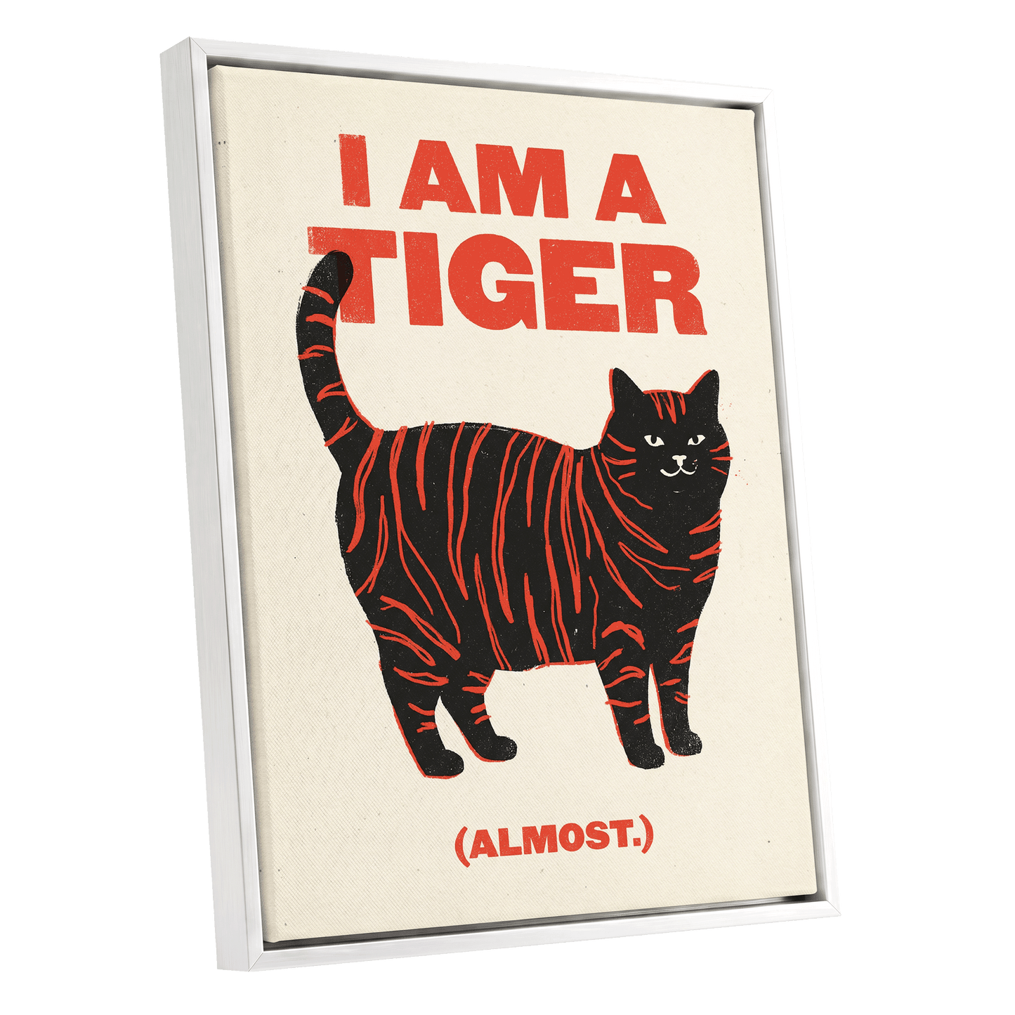 Almost a Tiger, black, red, beige nature wall art shown as a white framed canvas wall art