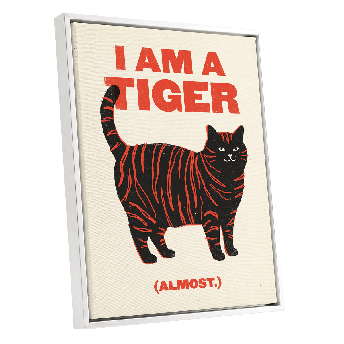 Almost a Tiger, black, red, beige nature wall art shown as a white framed canvas wall art