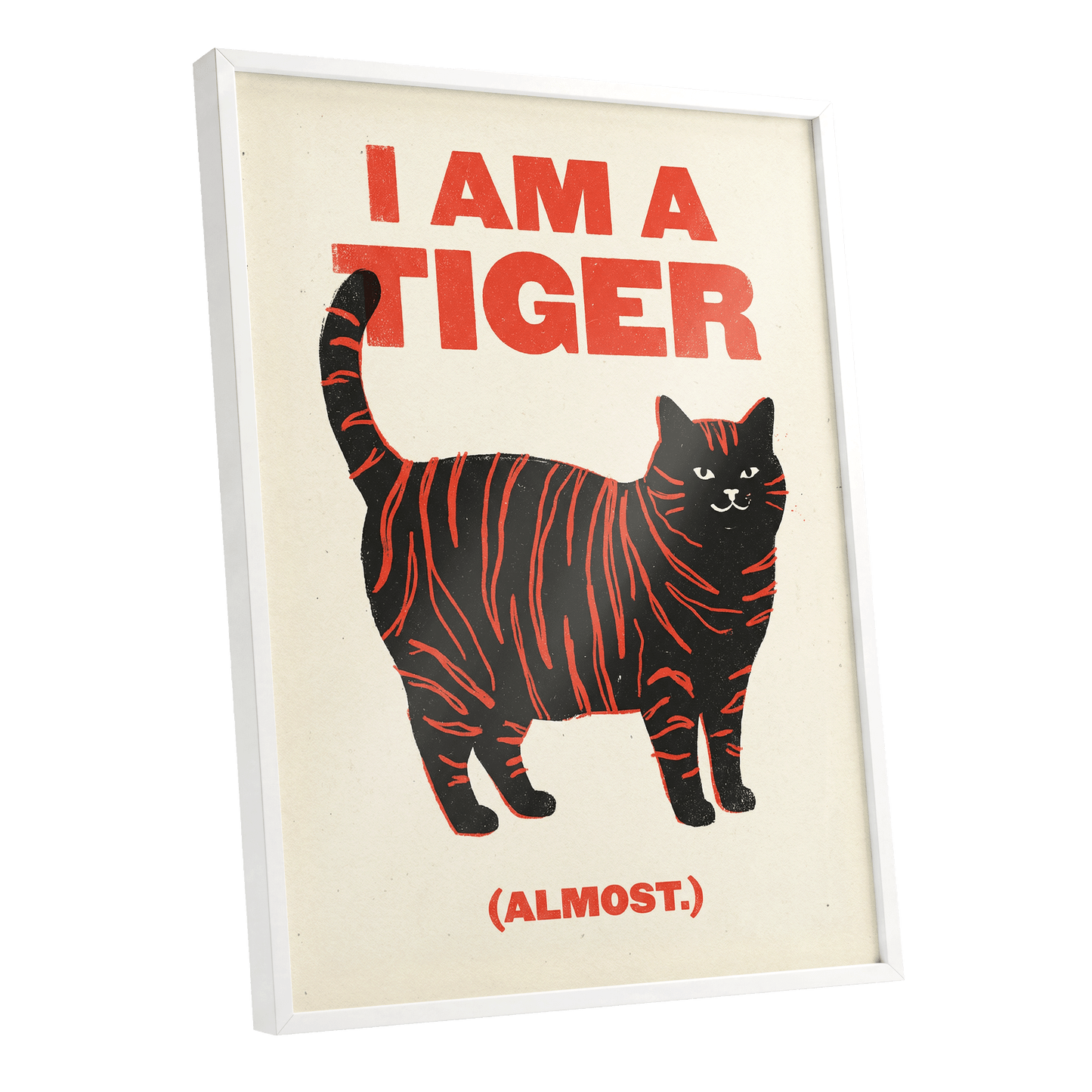 Almost a Tiger, black, red, beige nature wall art shown as a white framed poster wall art print