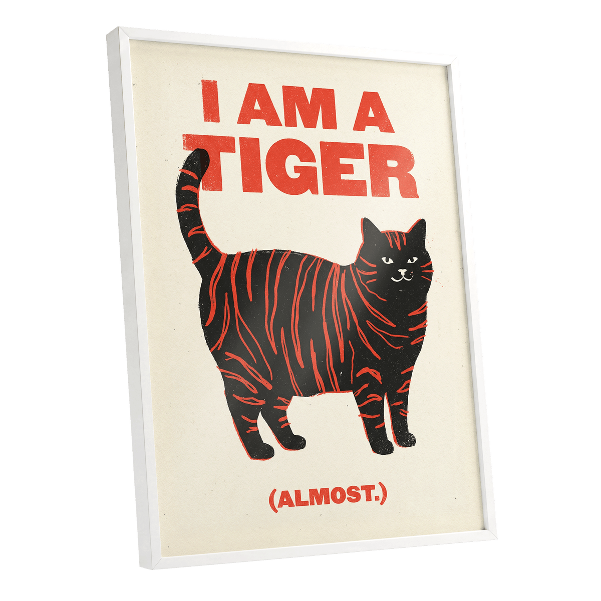 Almost a Tiger, black, red, beige nature wall art shown as a white framed poster wall art print