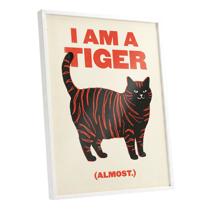 Almost a Tiger, black, red, beige nature wall art shown as a white framed poster wall art print