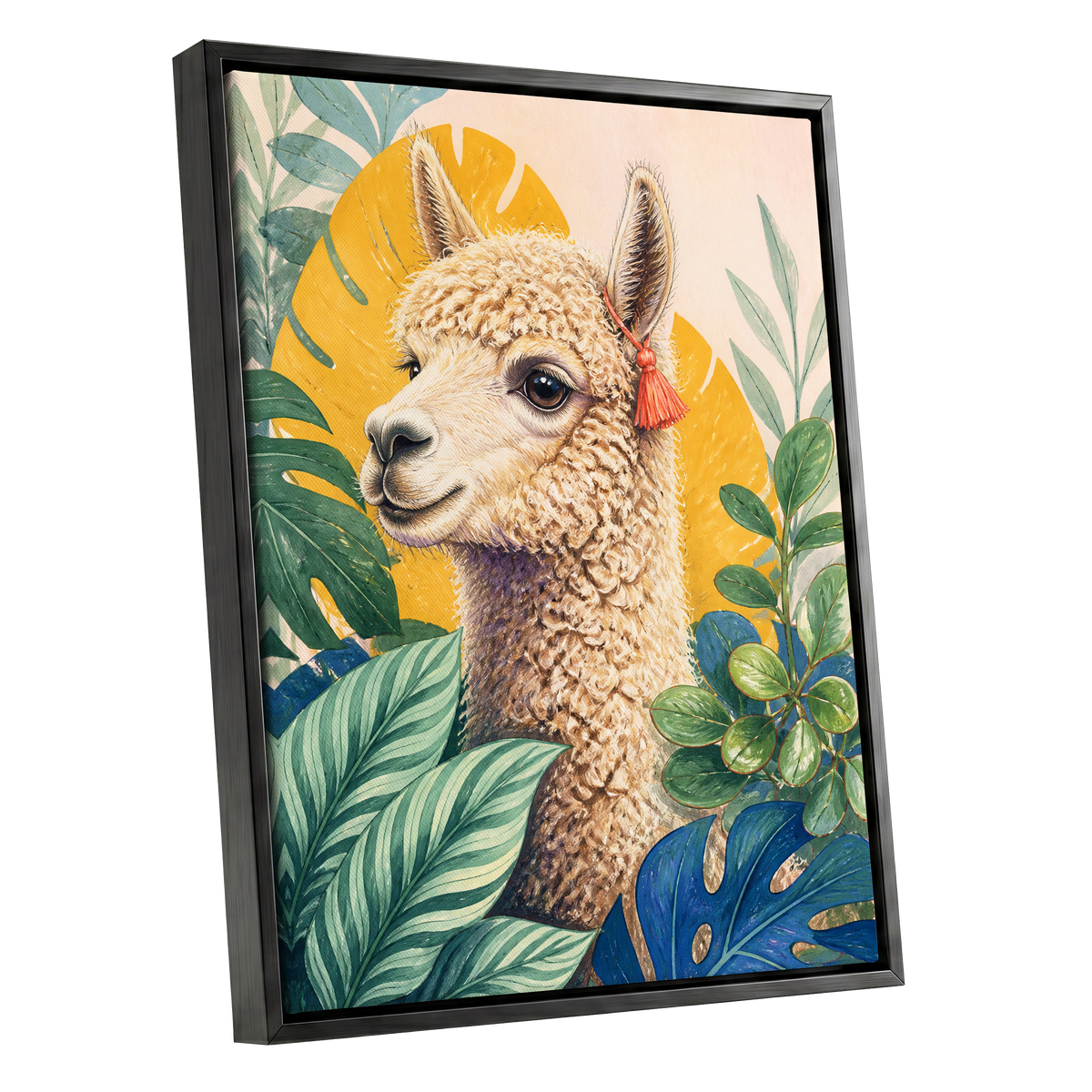 Alpaca in the Canopy, green, beige, yellow nature wall art shown as a black framed canvas wall art