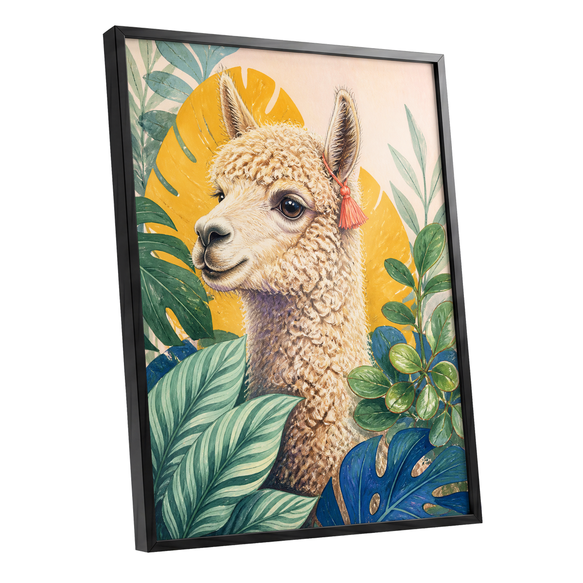 Alpaca in the Canopy, green, beige, yellow nature wall art shown as a black framed poster wall art print