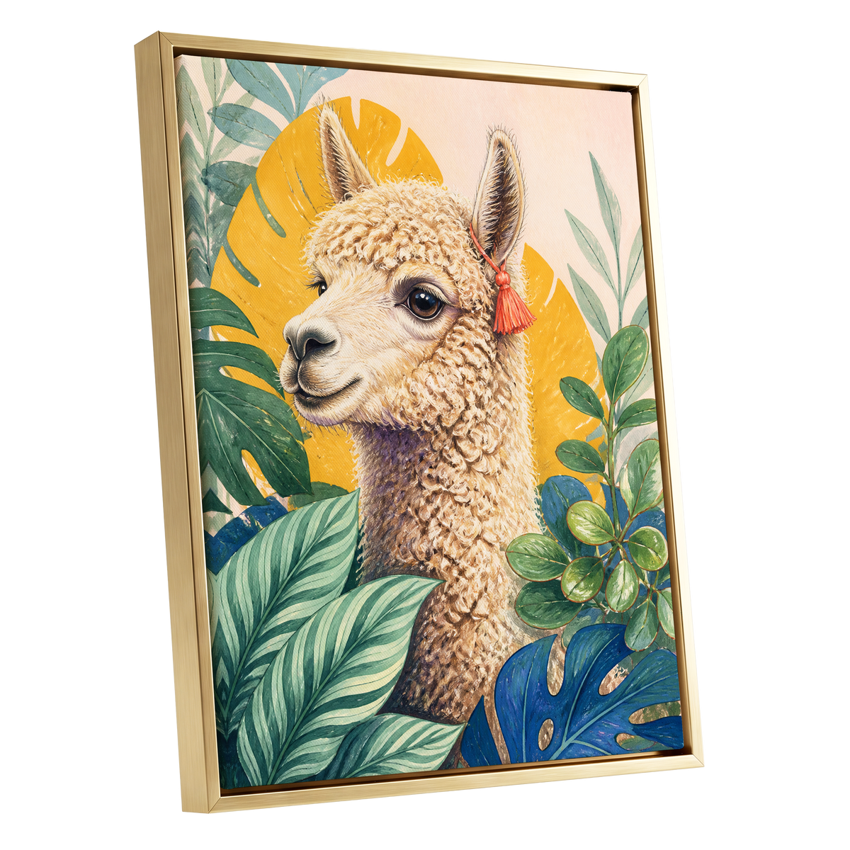 Alpaca in the Canopy, green, beige, yellow nature wall art shown as a gold framed canvas wall art