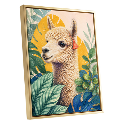 Alpaca in the Canopy, green, beige, yellow nature wall art shown as a gold framed canvas wall art