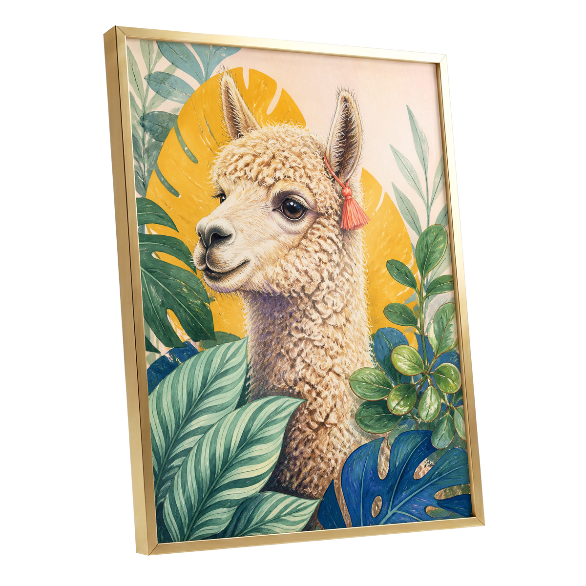 Alpaca in the Canopy, green, beige, yellow nature wall art shown as a gold framed poster wall art print