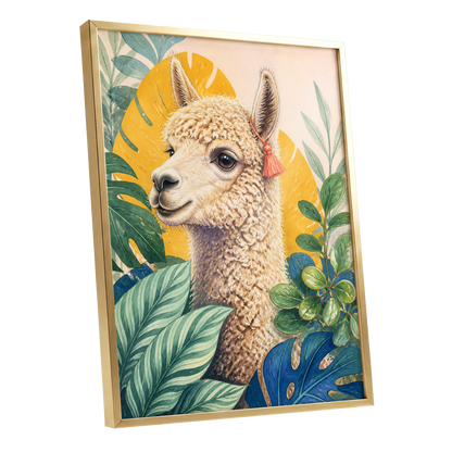 Alpaca in the Canopy, green, beige, yellow nature wall art shown as a gold framed poster wall art print