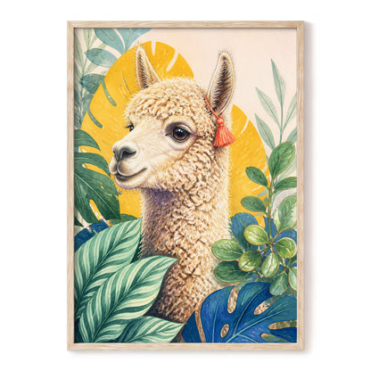 Alpaca in the Canopy, green, beige, yellow nature wall art, front artwork view
