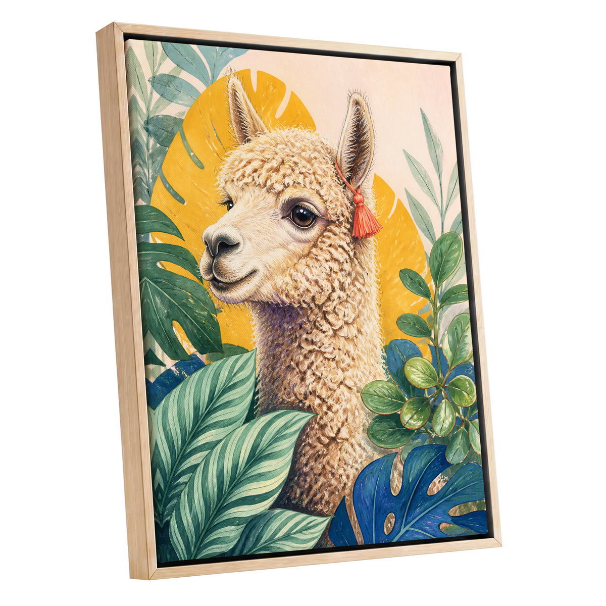 Alpaca in the Canopy, green, beige, yellow nature wall art shown as a oak framed canvas wall art