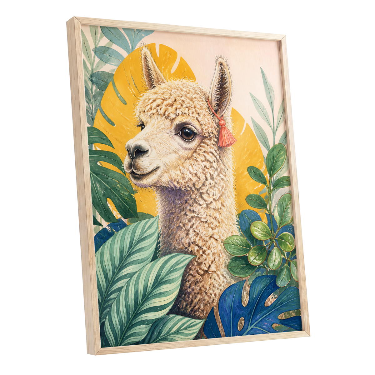 Alpaca in the Canopy, green, beige, yellow nature wall art shown as a oak framed poster wall art print