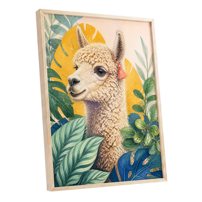 Alpaca in the Canopy, green, beige, yellow nature wall art shown as a oak framed poster wall art print