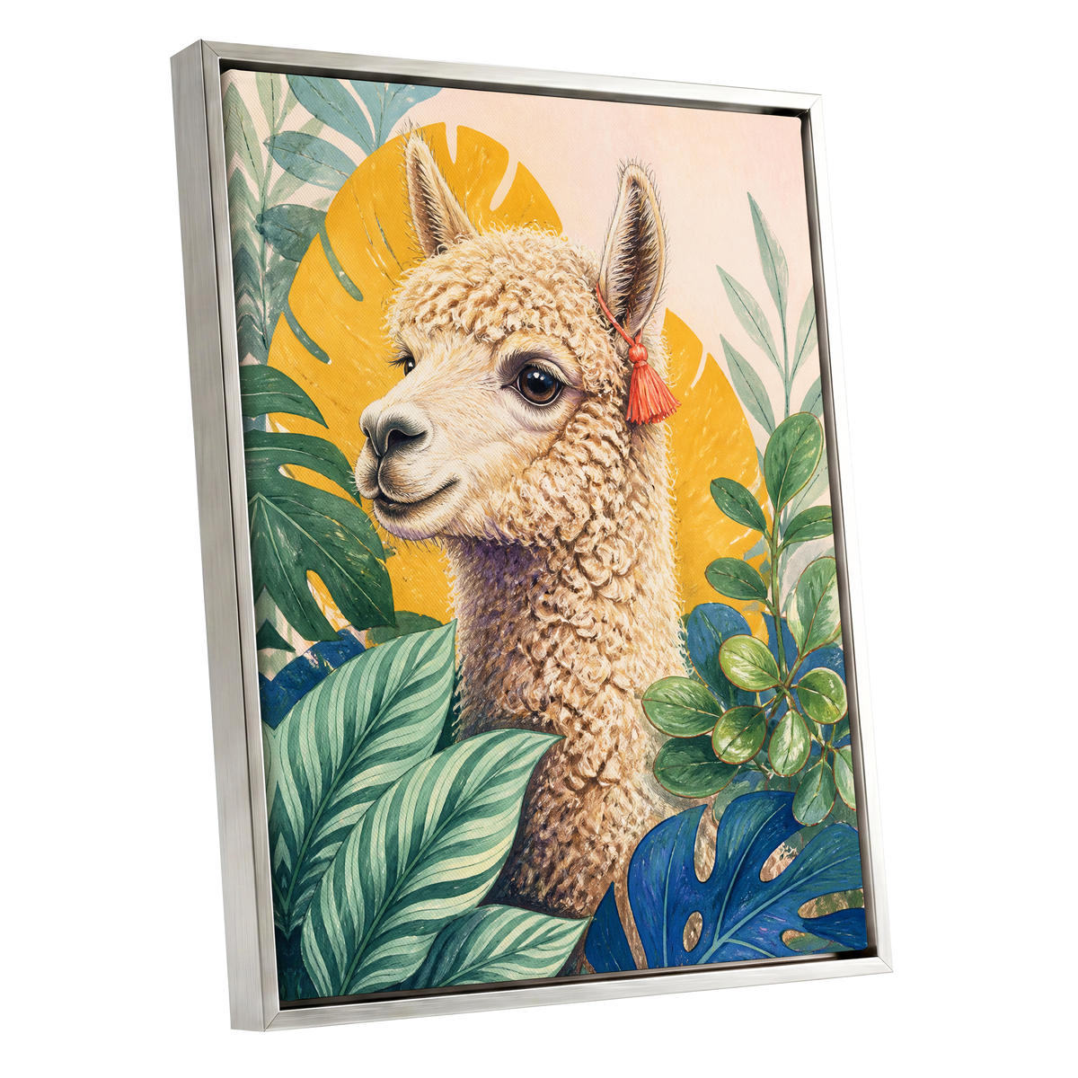 Alpaca in the Canopy, green, beige, yellow nature wall art shown as a silver framed canvas wall art
