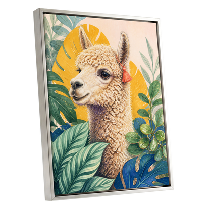 Alpaca in the Canopy, green, beige, yellow nature wall art shown as a silver framed canvas wall art