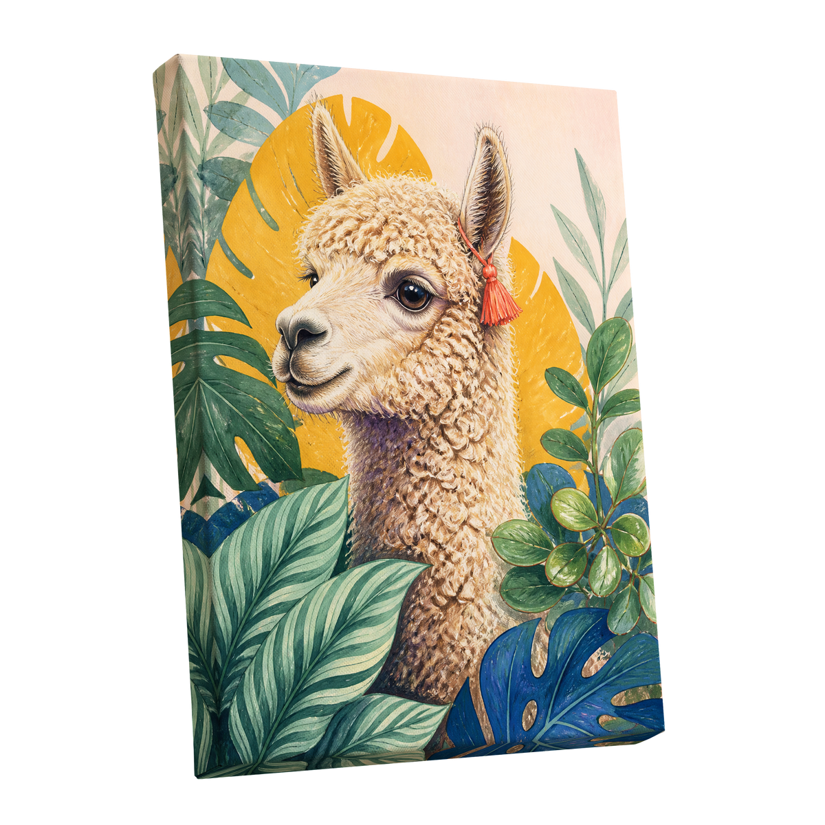 Alpaca in the Canopy, green, beige, yellow nature wall art shown as a stretched canvas wall art
