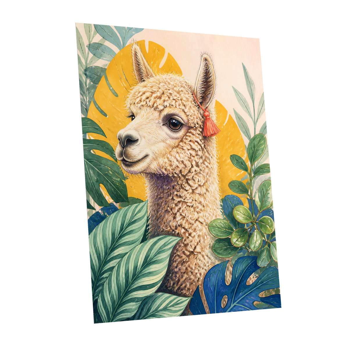 Alpaca in the Canopy, green, beige, yellow nature wall art shown as a unframed poster wall art print