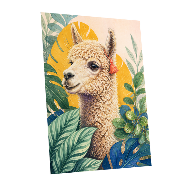 Alpaca in the Canopy, green, beige, yellow nature wall art shown as a unframed poster wall art print