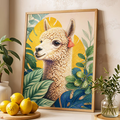 Alpaca in the Canopy, green, beige, yellow nature wall art displayed in a styled interior, gallery view 2