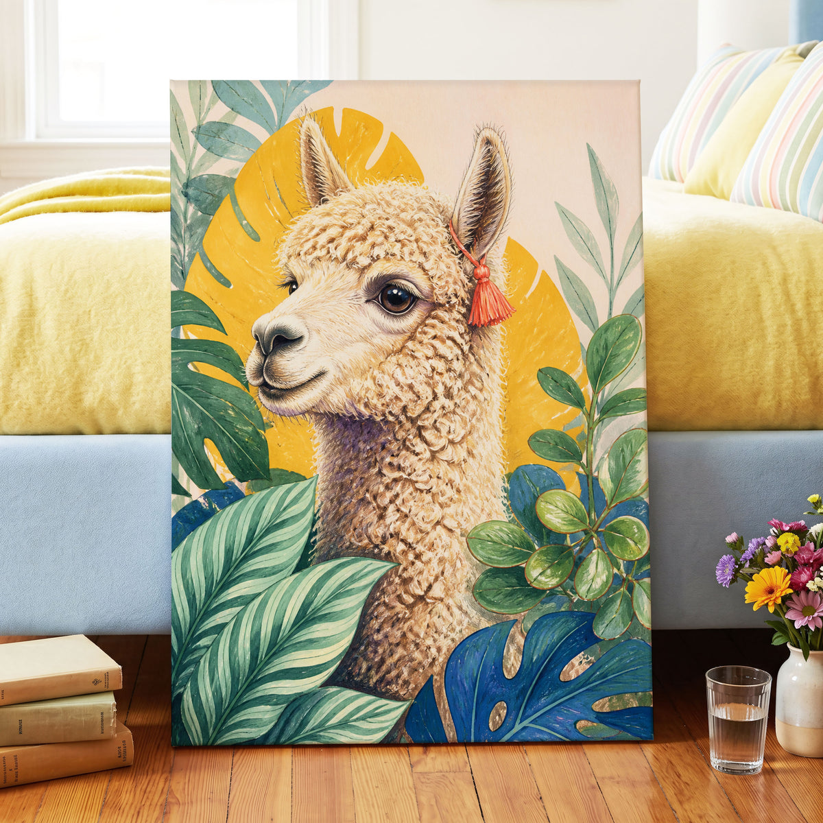 Alpaca in the Canopy, green, beige, yellow nature wall art displayed in a styled interior, gallery view 3