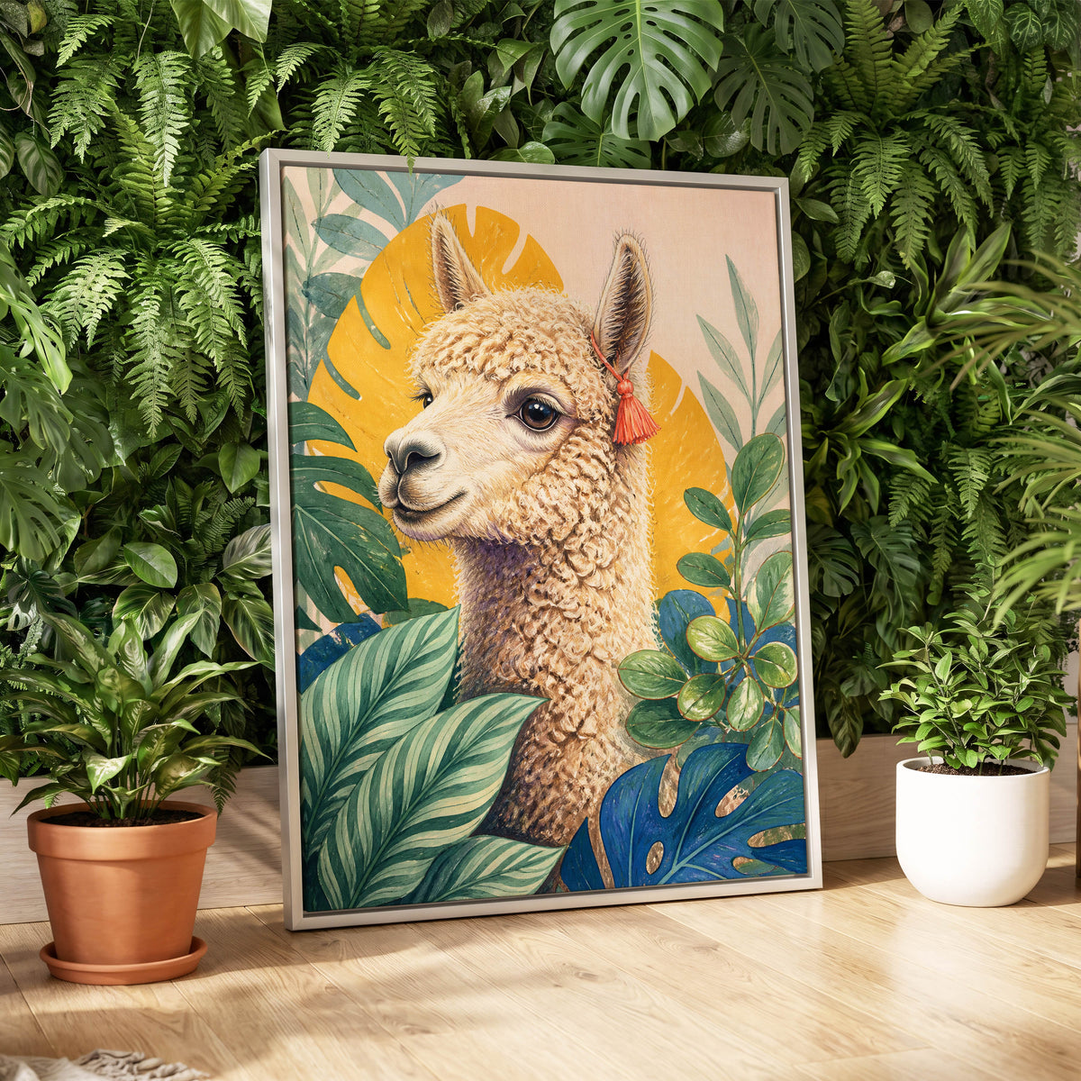 Alpaca in the Canopy, green, beige, yellow nature wall art displayed in a styled interior, gallery view 4