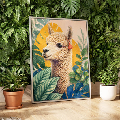 Alpaca in the Canopy, green, beige, yellow nature wall art displayed in a styled interior, gallery view 4