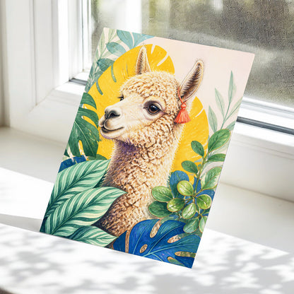 Alpaca in the Canopy, green, beige, yellow nature wall art displayed in a styled interior, gallery view 5