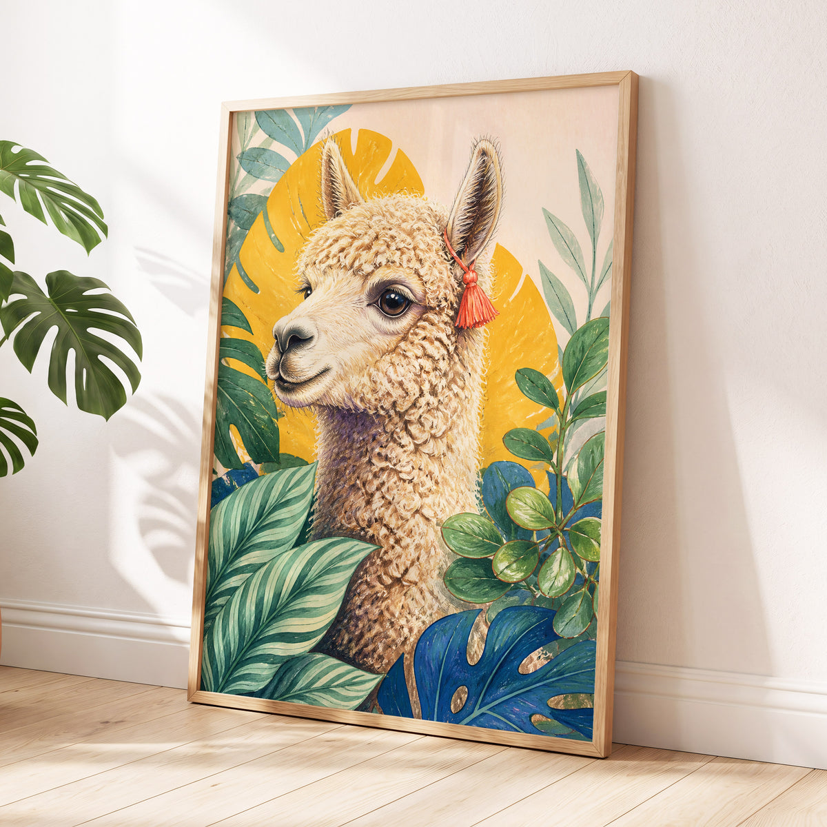 Alpaca in the Canopy, green, beige, yellow nature wall art displayed in a styled interior, gallery view 6